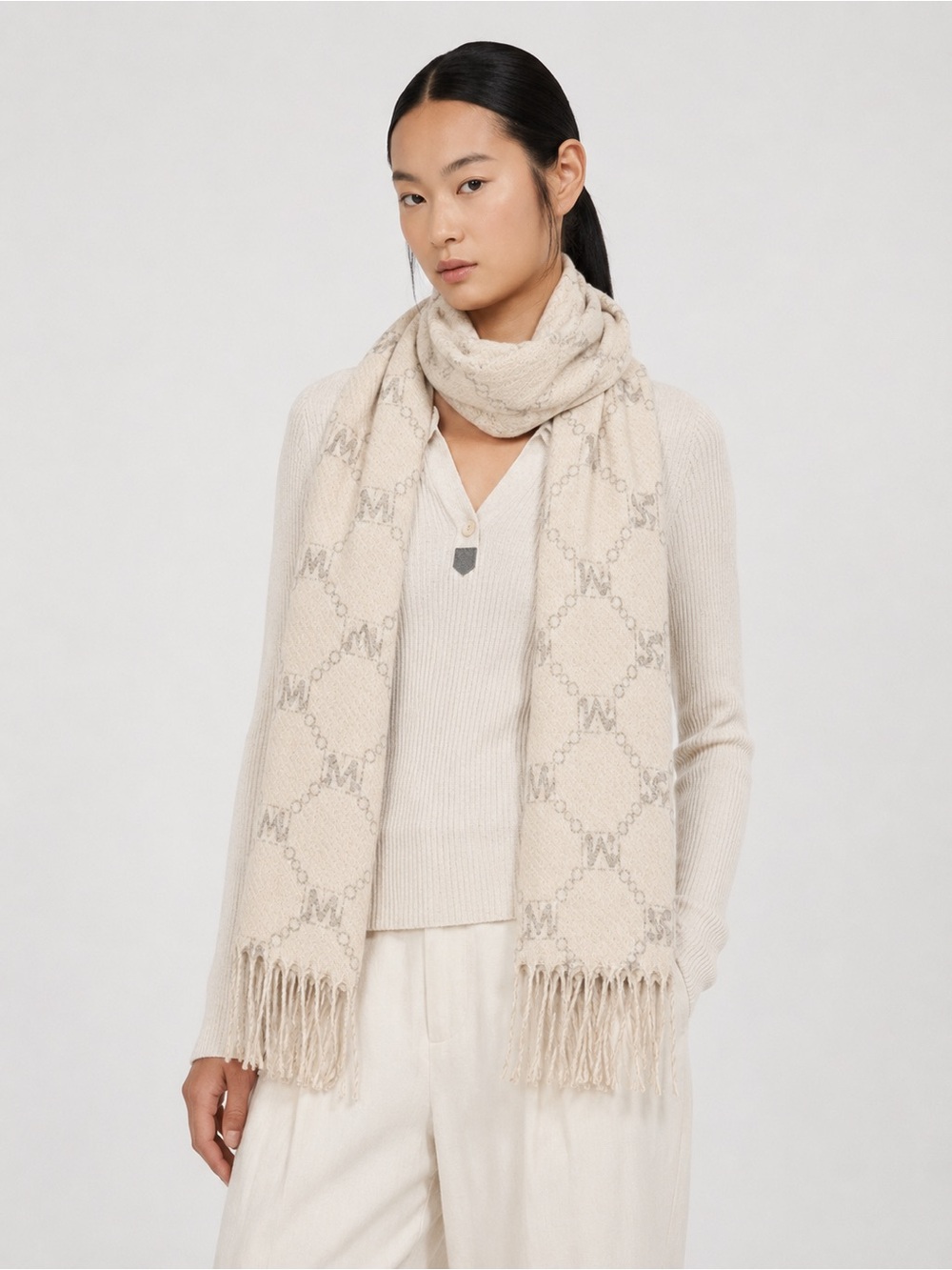 MaxMara Cream Logo Fringe Scarf